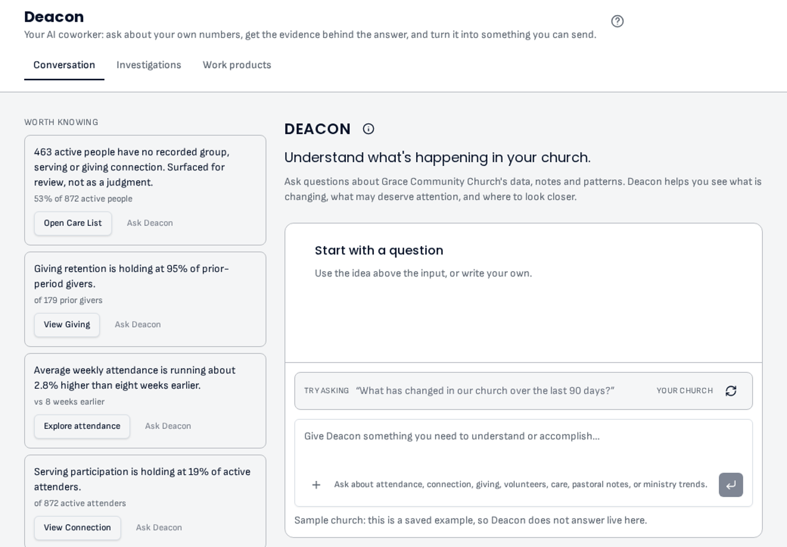 Deacon screen with observations about connection, giving retention and attendance, and a place to ask a question.
